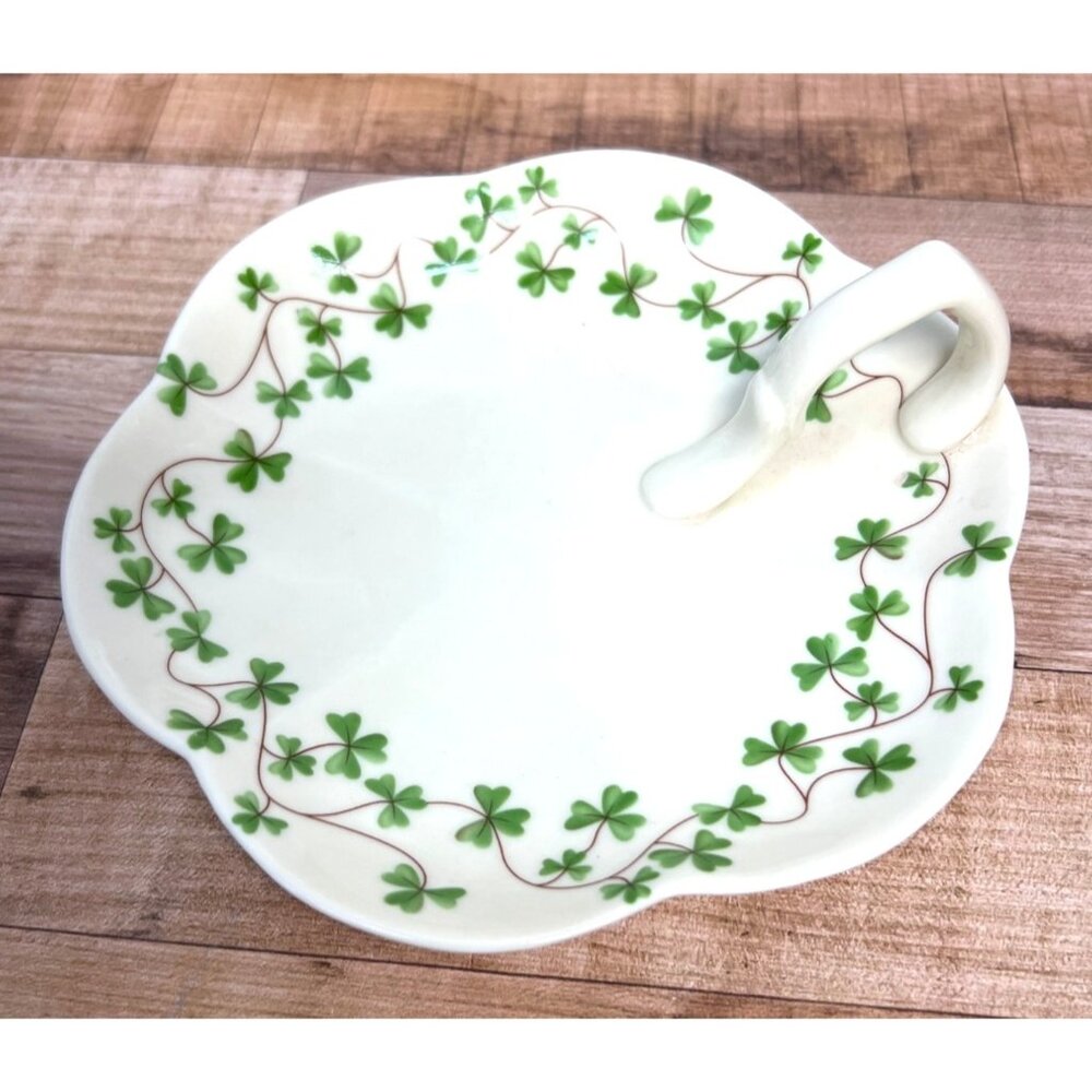Irish Shannon China Clover Design Handled Plate White & Green Porcelain Vintage